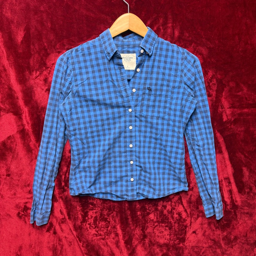Abercrombie & Fitch Womens Blue Gingham Plaid Button Down Shirt Size S Logo